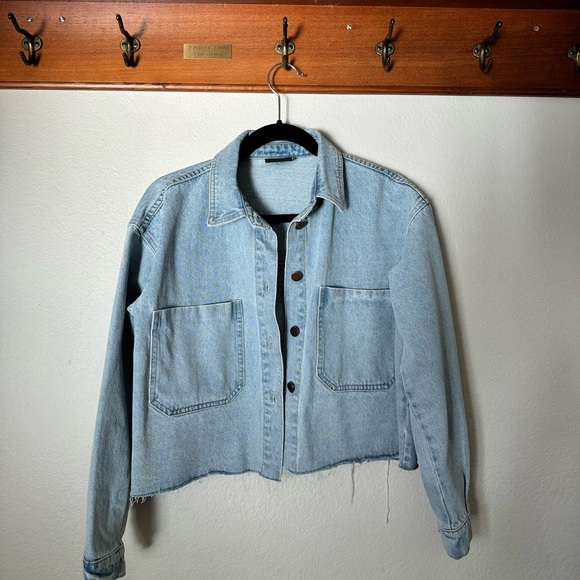 Miou Muse Jackets & Blazers - Cropped Light Blue Denim Jacket with Patch Pockets - Women's Jean Jacket